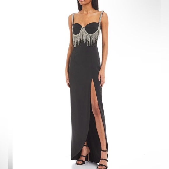 New With Tags GB Beaded Fringe Front Slit Sweetheart Neckline Gown Size - Picture 2 of 7